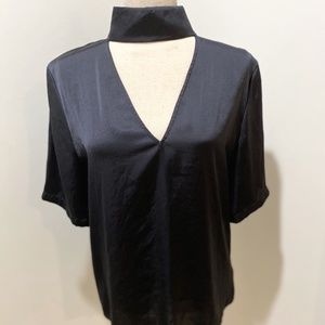 THEORY Navy Blue Short Sleeve V. Neck Mock Neck Top